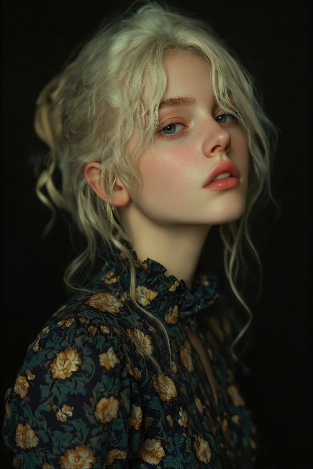 photojohnsingersargent11z. 
Close-up of a young woman with her chin up, looking at the viewer with a serene expression from the corner of her blue eyes, and her lips slightly parted. Her voluminous platinum blonde hair is styled in a messy updo, with long, delicate curls framing her face and neck. She wears a high-collared, ruffled dark navy blouse decorated with a gold, textured floral pattern. Her body is angled away. A solid black background provides a stark contrast to her light hair and the soft lighting that illuminates her features.,photojohnsingersargent11z