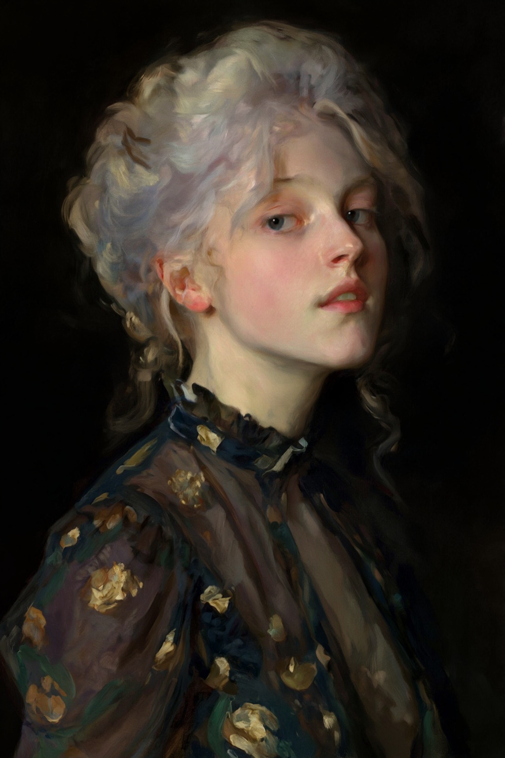 photojohnsingersargent11z. Oil painting.

Close-up of a young woman with her chin up, looking at the viewer with a serene expression from the corner of her blue eyes, and her lips slightly parted. Her voluminous platinum blonde hair is styled in a messy updo, with long, delicate curls framing her face and neck. She wears a high-collared, ruffled dark navy blouse decorated with a gold, textured floral pattern. Her body is angled away. A solid black background provides a stark contrast to her light hair and the soft lighting that illuminates her features.,photojohnsingersargent11z