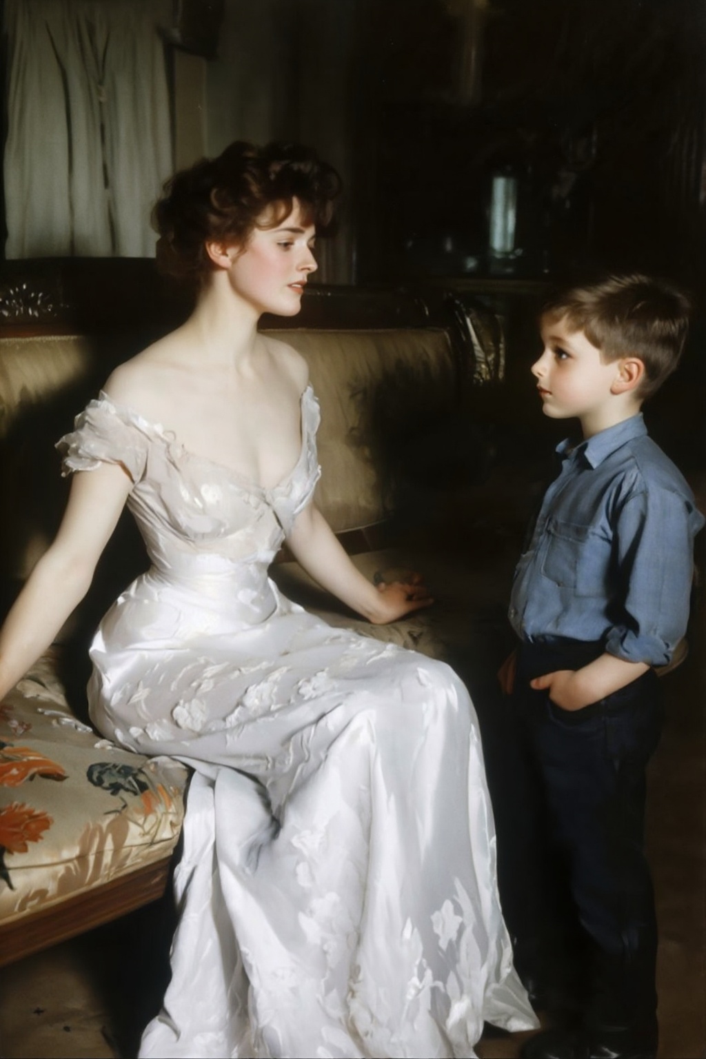 photojohnsingersargent11z. 
A woman and a young boy are sitting on a sofa in a living room. On the left, a woman with a slender, elegant figure sits on a plush, upholstered sofa. Her hair is styled in a updo, with a few strands framing her face. On the right is a young boy, shown in side profile view, with his hand in his pocket, gazing at the woman on the left.