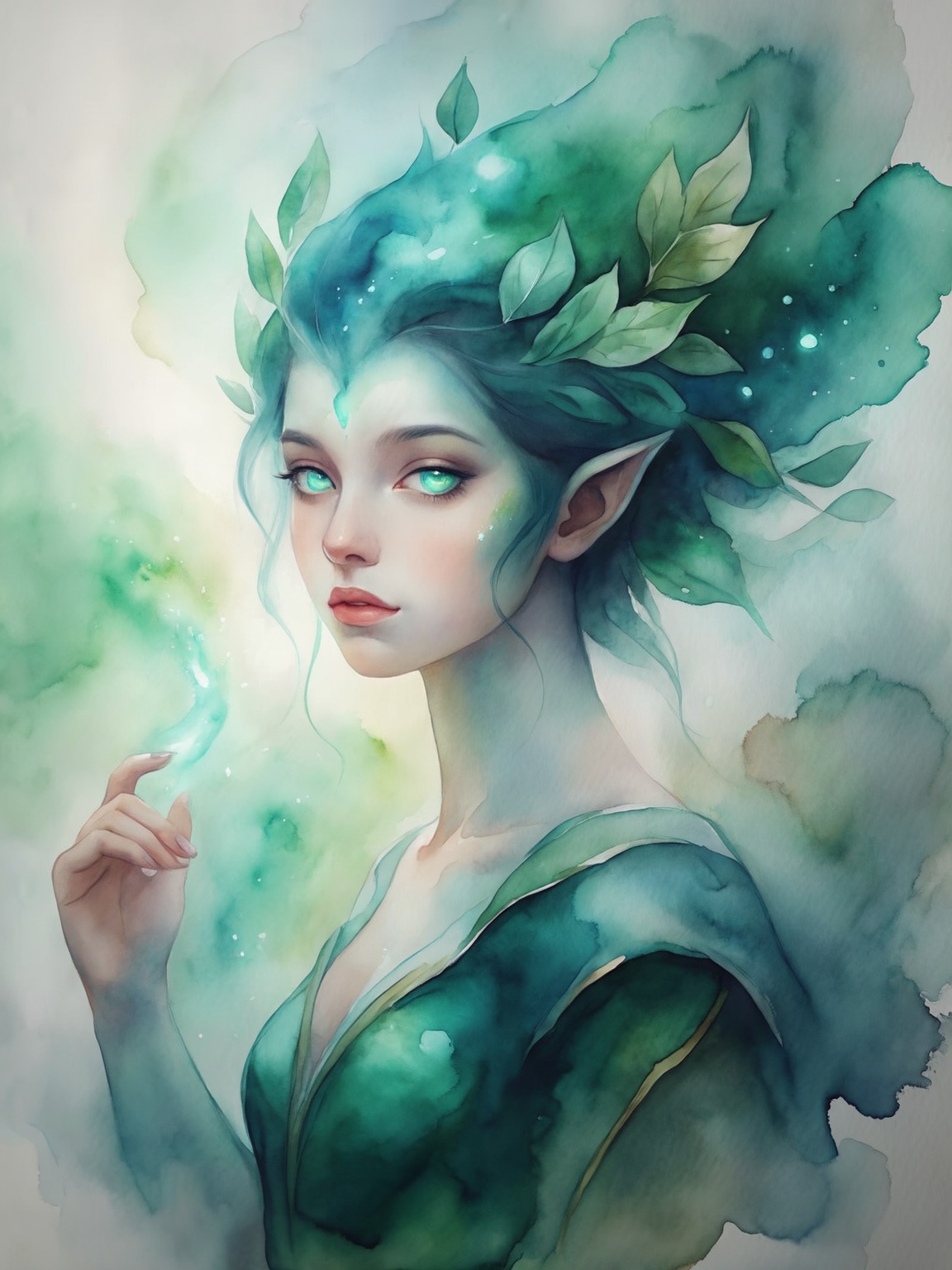 Watercolor portrait of a forest spirit with glowing eyes, soft green and blue washes, subtle leaf motifs blending into the hair, ethereal mist around the face,atmospheric depth, dynamic action pose.,aquawhisper style