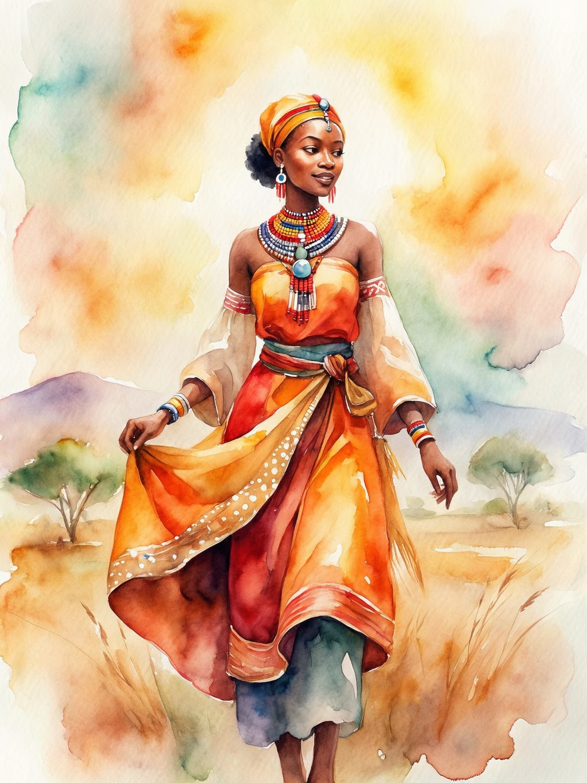 Watercolor portrait of an African woman in vibrant traditional attire, warm orange and red fabrics, soft savannah light, delicate transparent washes, cultural jewelry details, dreamy atmosphere, dynamic action pose.,aquawhisper style