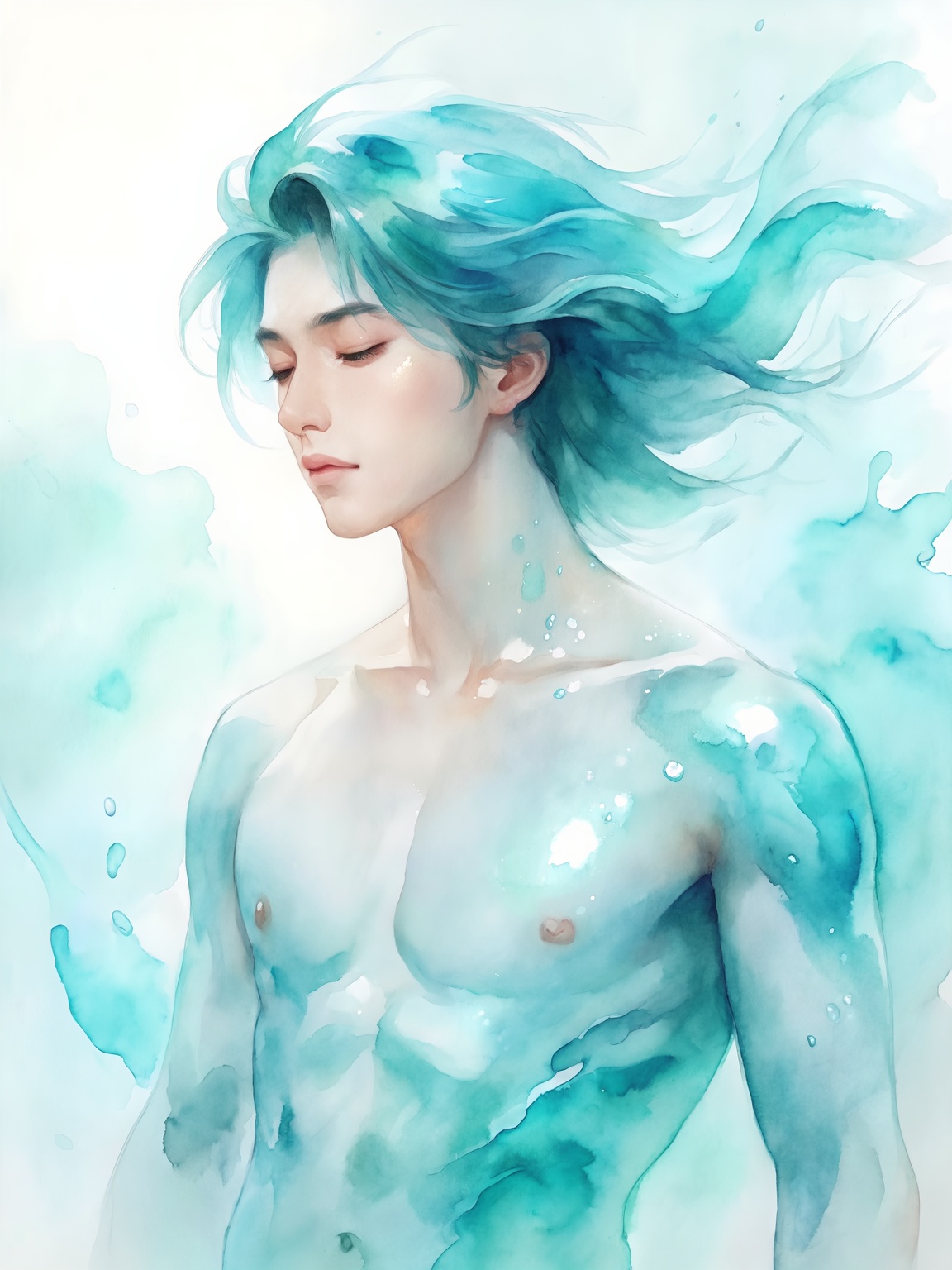 Watercolor portrait of a sea‑born character with flowing aqua hair, soft turquoise washes, shimmering reflections on the skin, tranquil marine atmosphere,  fluid rendering, dynamic action pose..aquawhisper style