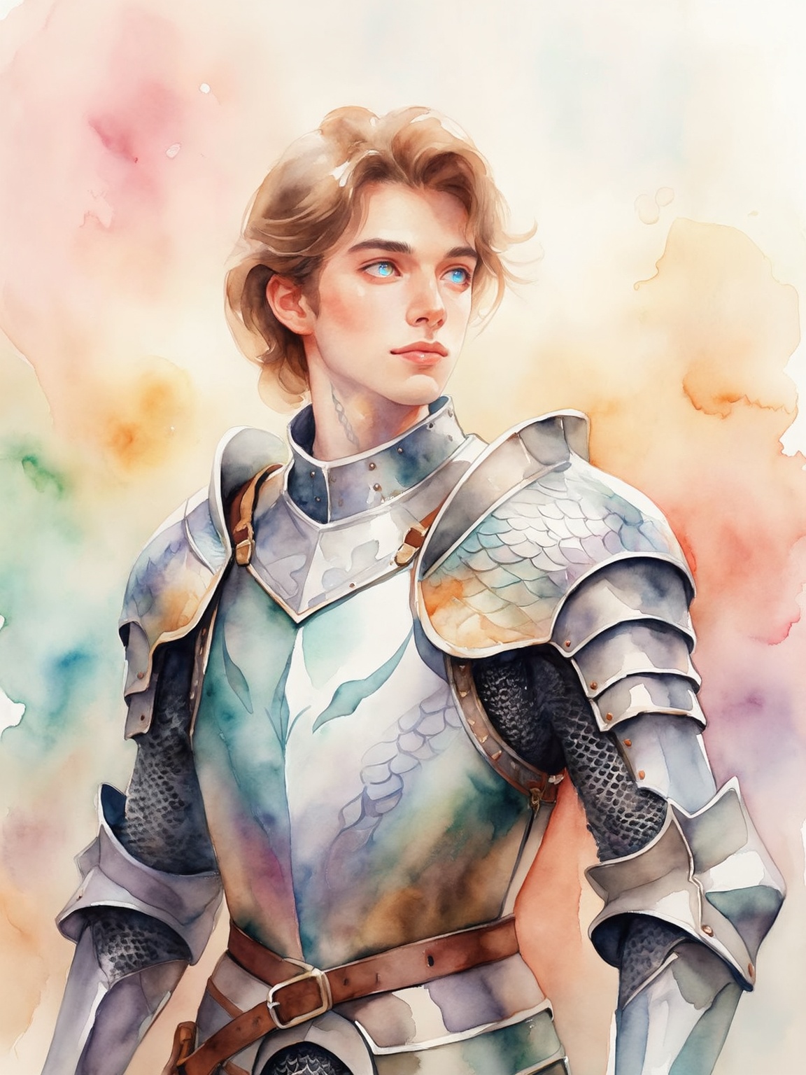 Realistic watercolor portrait of a knight with faint dragon‑scale patterns on the skin, soft warm and cool tones blending naturally, gentle glow in the eyes, poetic fantasy mood, stable structure, dynamic action pose..aquawhisper style
