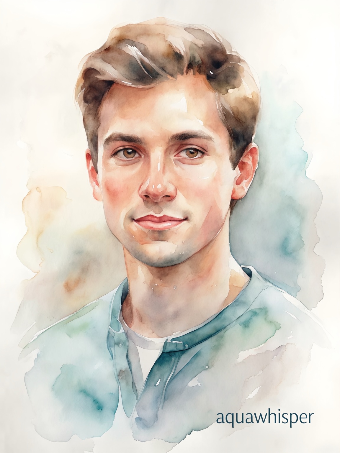 Realistic watercolor portrait using wet‑on‑wet blending, soft edges around hair and clothing, natural facial structure, subtle color diffusion, refined texture control, dynamic action pose..aquawhisper style
