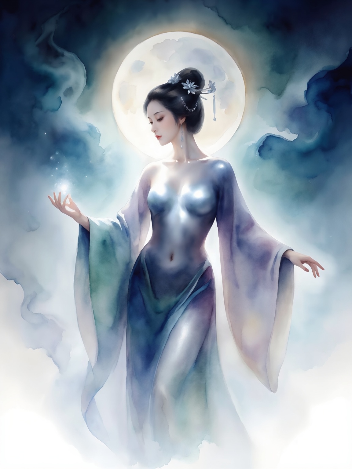 Watercolor portrait of a moonlit sorceress, silver light reflecting on her skin, soft gradients, flowing robes dissolving into mist, calm magical aura, smooth transitions, dynamic action pose.aquawhisper style