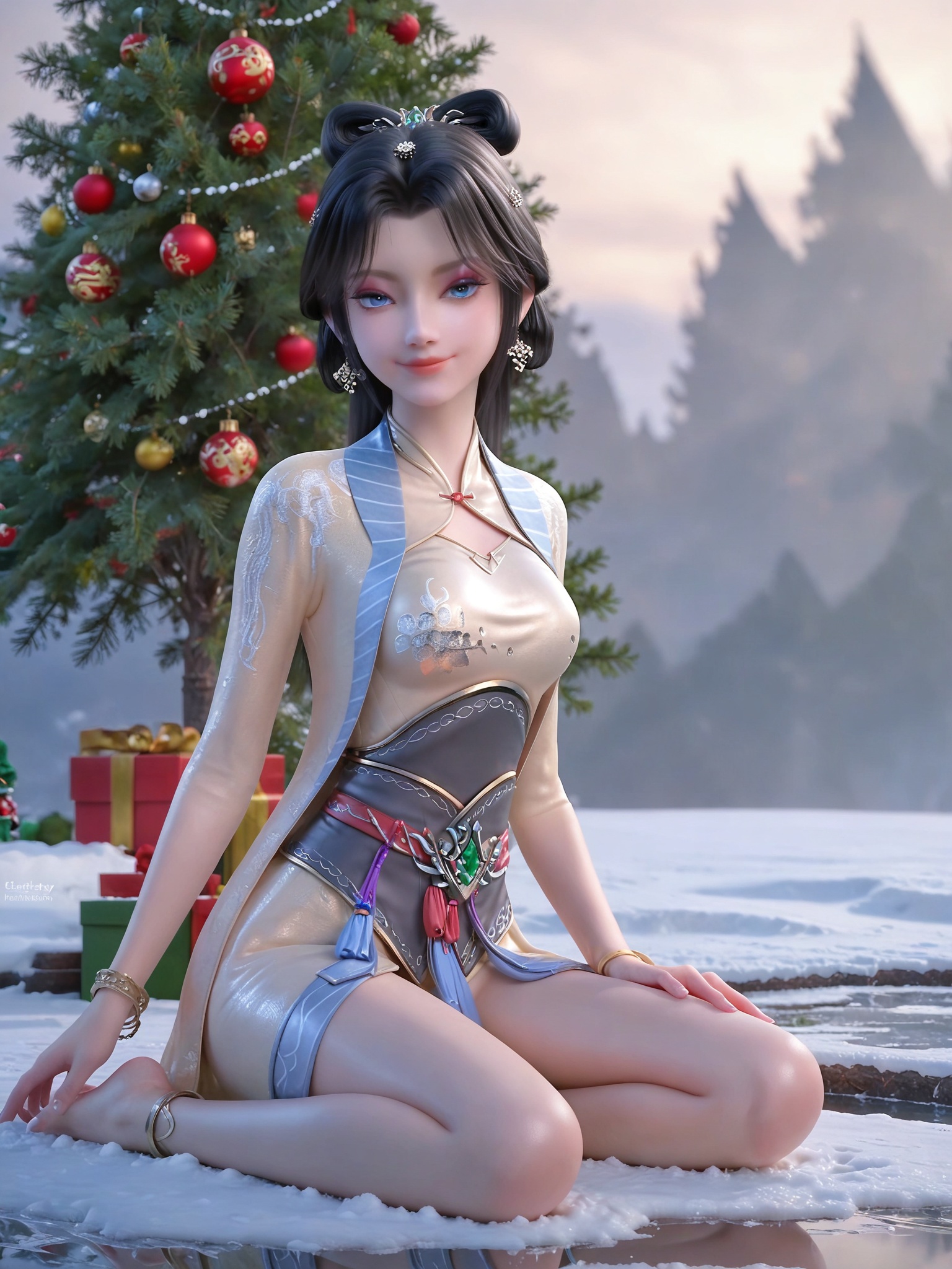 score_9,score_8_up,score_7_up,masterpiece,(best quality),(intricate details:0.9) BREAK (intricate details:0.9),(realistic skin:1.2),masterpiece,best quality,newest,absurdres,hiahres,1girl,jewelry,hair ornament,dress,necklace,lips,eyeshadow,bracelet,tassel,(8k ultra-clear, pony style),photo pose 0.6, micro-expression: soft smile 0.3, half-body + medium shot 0.7,1girl,looking_at_viewer,1boy,hair,realistic,photorealistic,Vivid Colors,bright environment,shiny skin,shiny hairjewelry,detail eyes,Eyes highlights,glowing,sunshine,bright,reflection,bright,sunshine on face,shiny,shinny,petite,thin,leg slimming,lose weight,slim hips,lakeside,delicate water,reflection,(full body:1.2)sitting_down,eyelashes,snow,Winter,Snowy landscape,Snow accumulation,Christmas tree,black-hair,