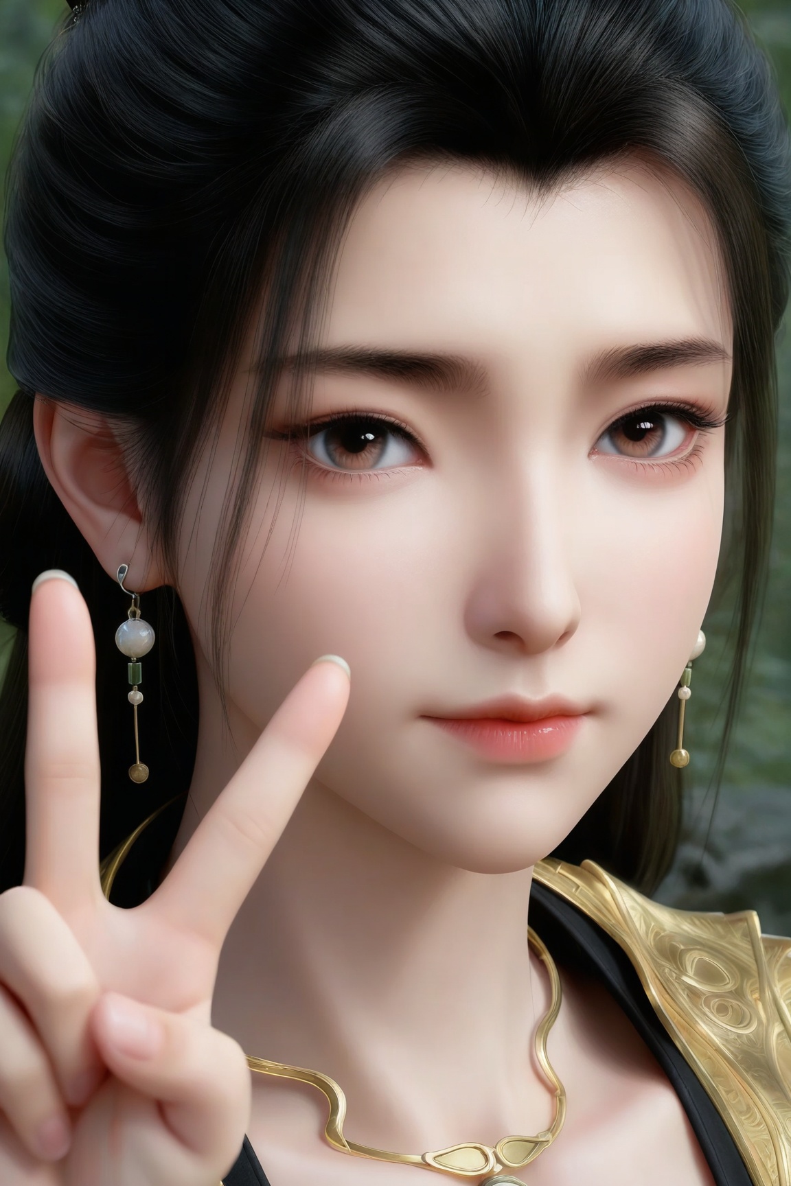 Ru-yan,1girl, solo, looking at viewer, black hair, brown eyes, jewelry, closed mouth, earrings, necklace, v, portrait, realistic, 