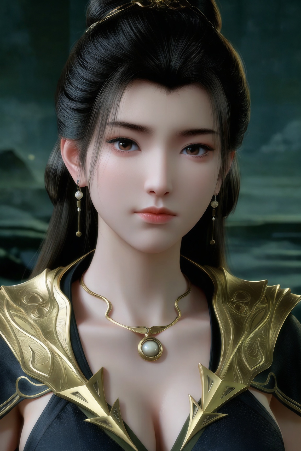 Ru-yan,1girl, solo, breasts, looking at viewer, black hair, cleavage, brown eyes, jewelry, medium breasts, closed mouth, upper body, earrings, necklace, hair bun, lips, single hair bun, realistic