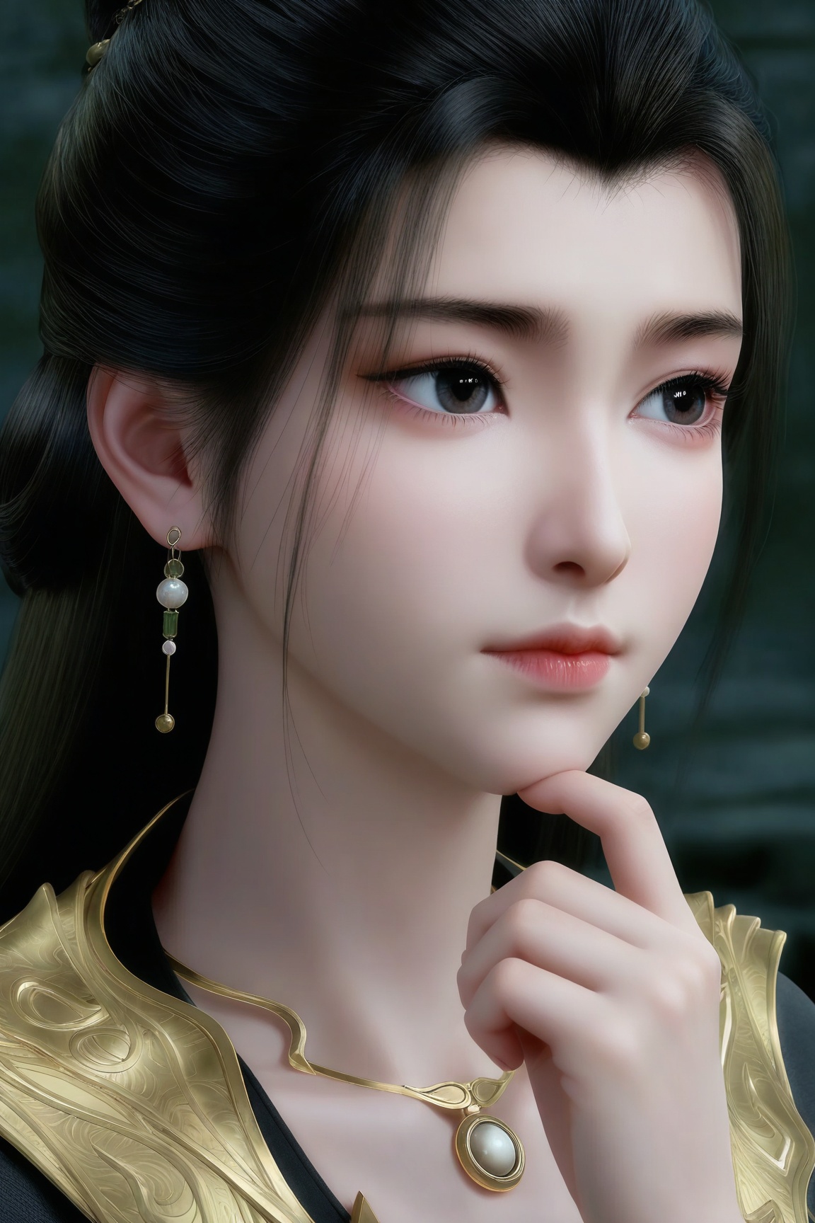 Ru-yan,Ru yan,1girl, solo, black hair, jewelry, closed mouth, earrings, necklace, black eyes, lips, looking to the side, looking away, portrait, realistic, hand on own chin