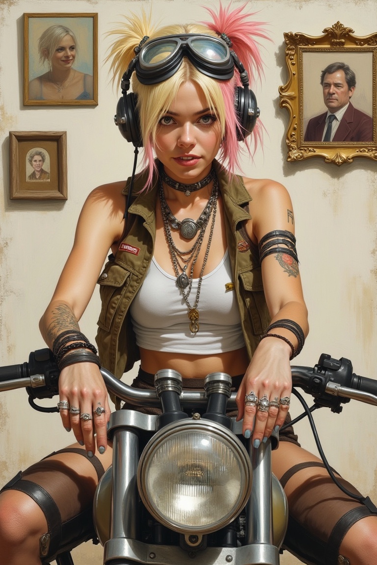 Tankgirl,  a young woman with distinctive blonde and pink hair,  adorned with goggles and large headphones on Tensor.Art