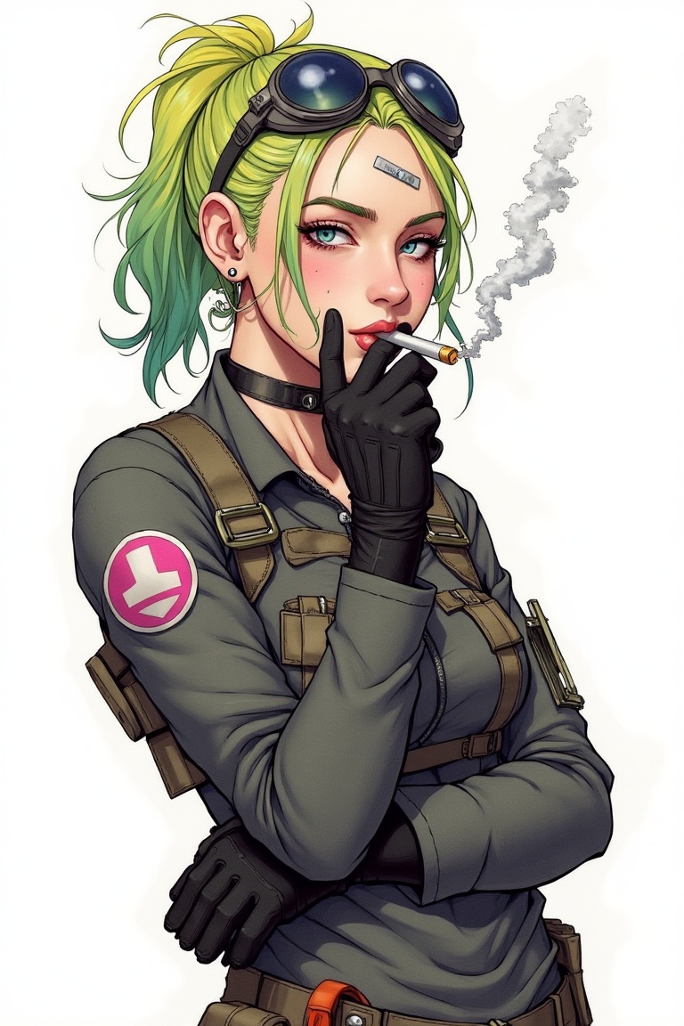 Tankgirl,  an illustrated portrait of a person with vibrant green and yellow hair pulled back,  wearing dark goggles on fo...