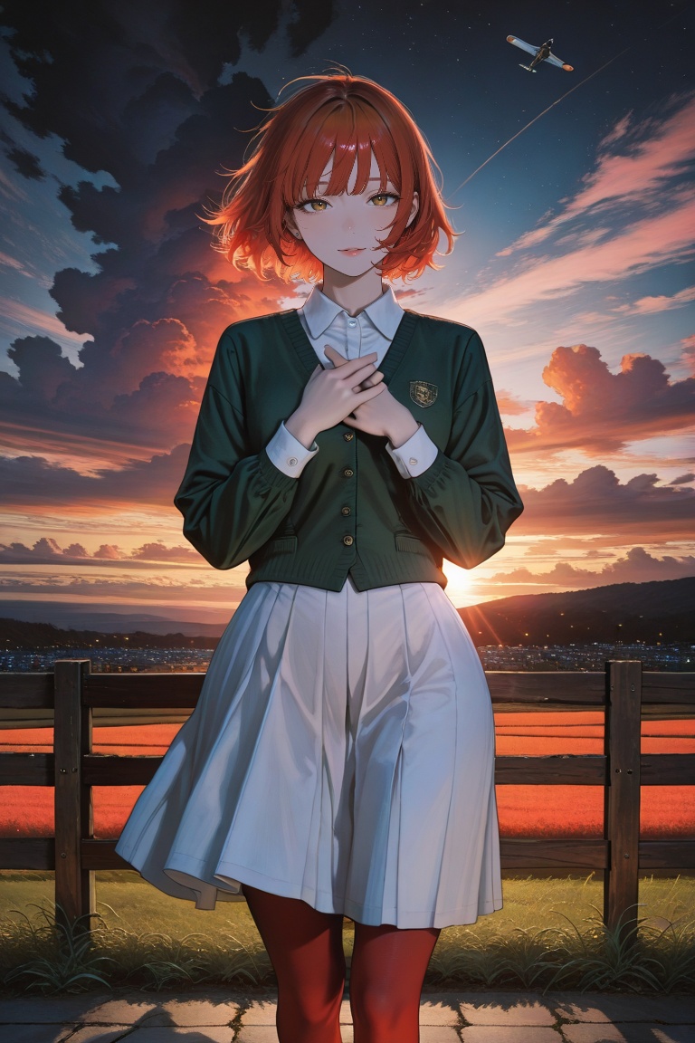 voluptuous woman wearing a green long collared vest,  sunset on the meadow,  the scene is about the woman walking with mov...