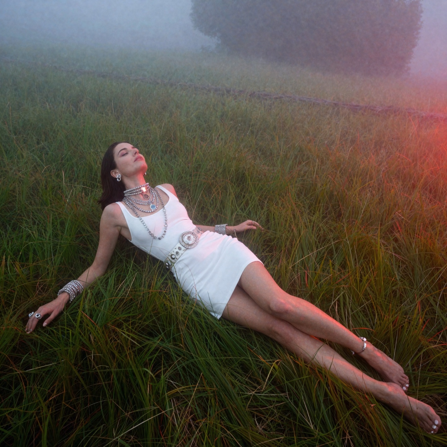 Occult themed very bright grass field setting ,  foggy,  dawn stormy red rim lighting on Tensor.Art