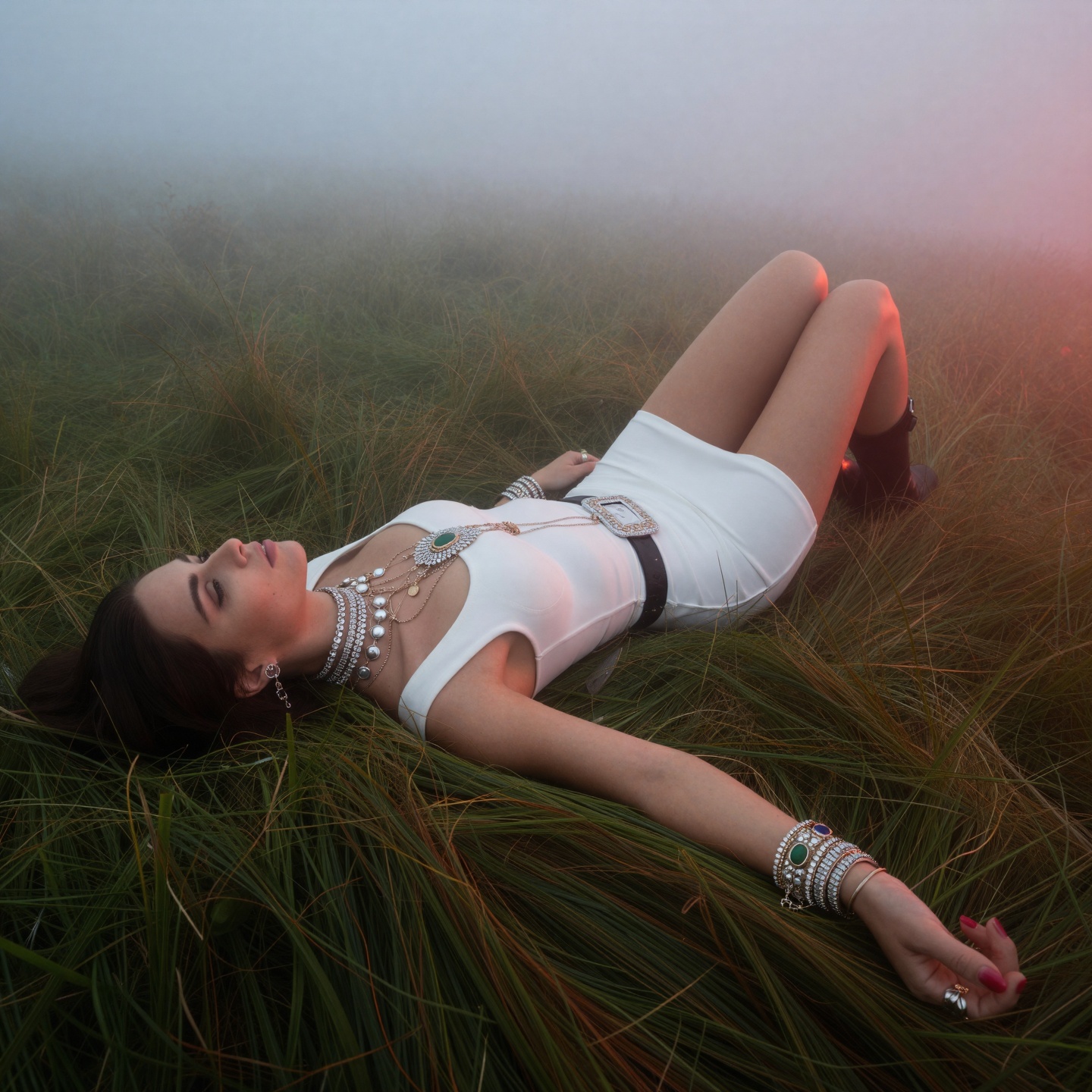 Occult themed very bright grass field setting ,  foggy,  dawn stormy red rim lighting on Tensor.Art