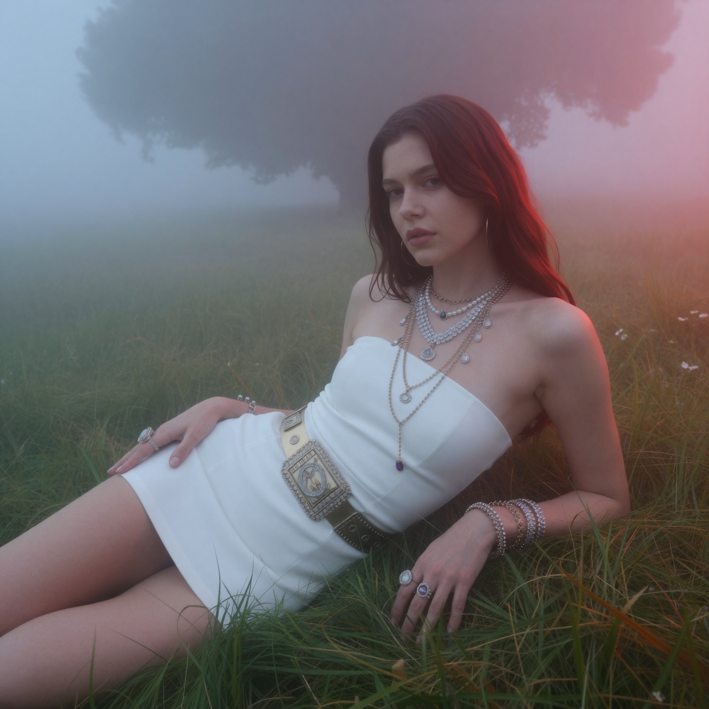 Occult themed very bright grass field setting ,  foggy,  dawn stormy red rim lighting on Tensor.Art
