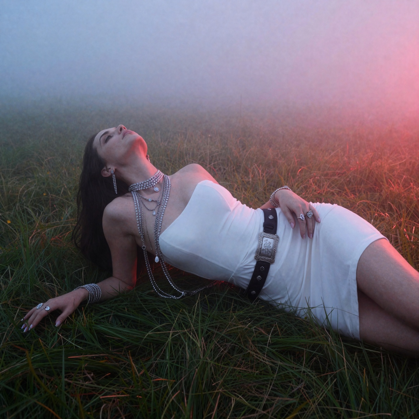Occult themed very bright grass field setting ,  foggy,  dawn stormy red rim lighting on Tensor.Art