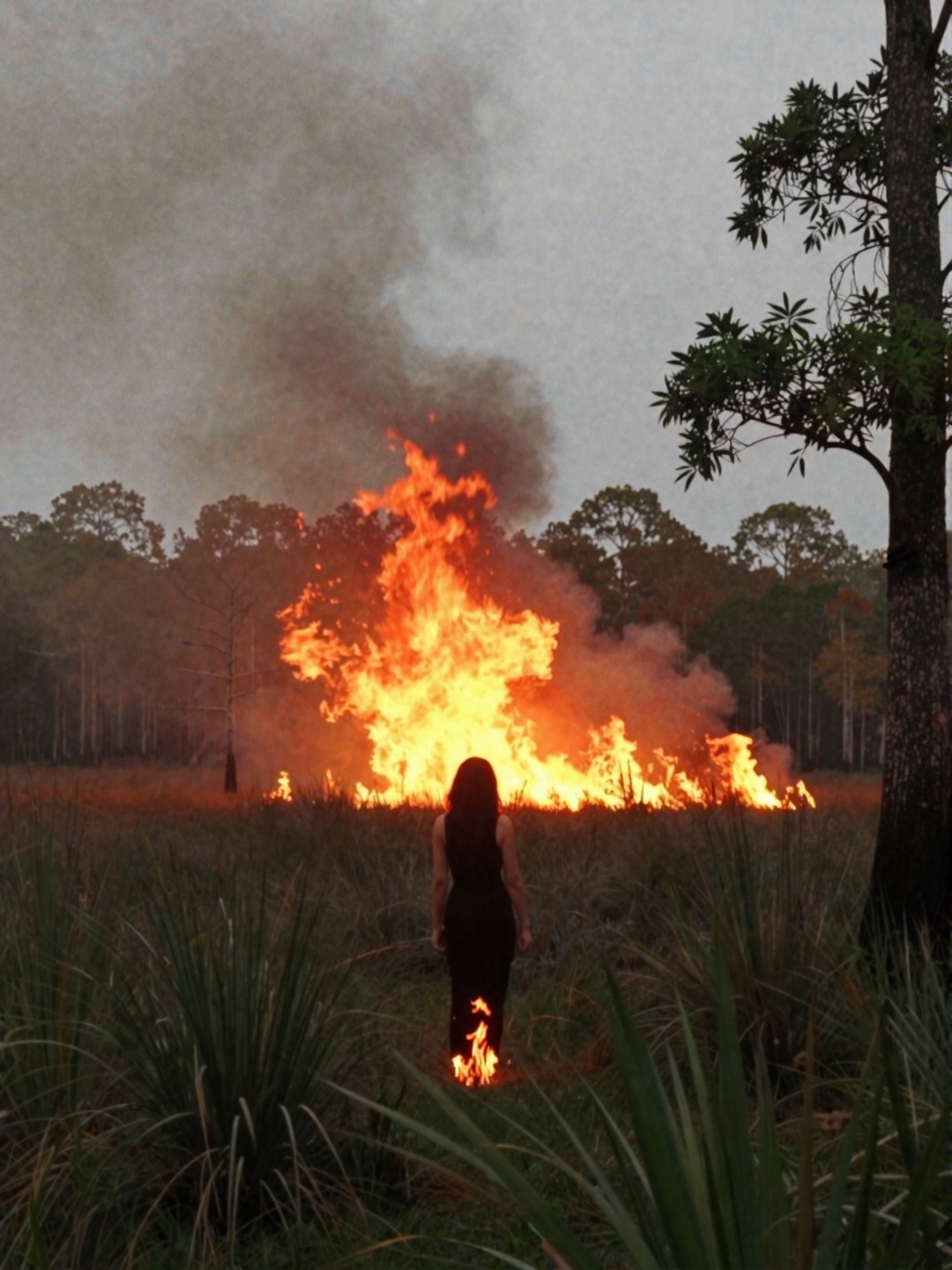 windy night time,  1Woman black long dress with the end on fire,  in swamp that blazing with an inferno on Tensor.Art
