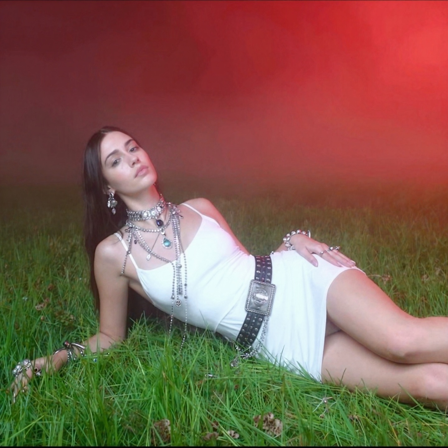 Occult themed very bright grass field setting ,  foggy,  dawn stormy red rim lighting on Tensor.Art