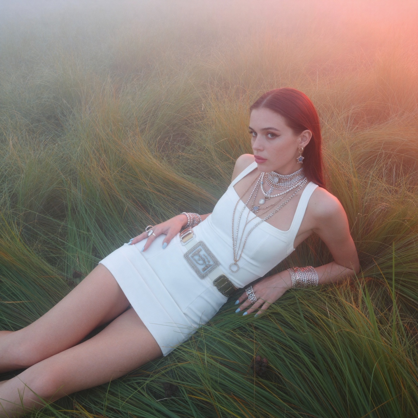 Occult themed very bright grass field setting ,  foggy,  dawn stormy red rim lighting on Tensor.Art