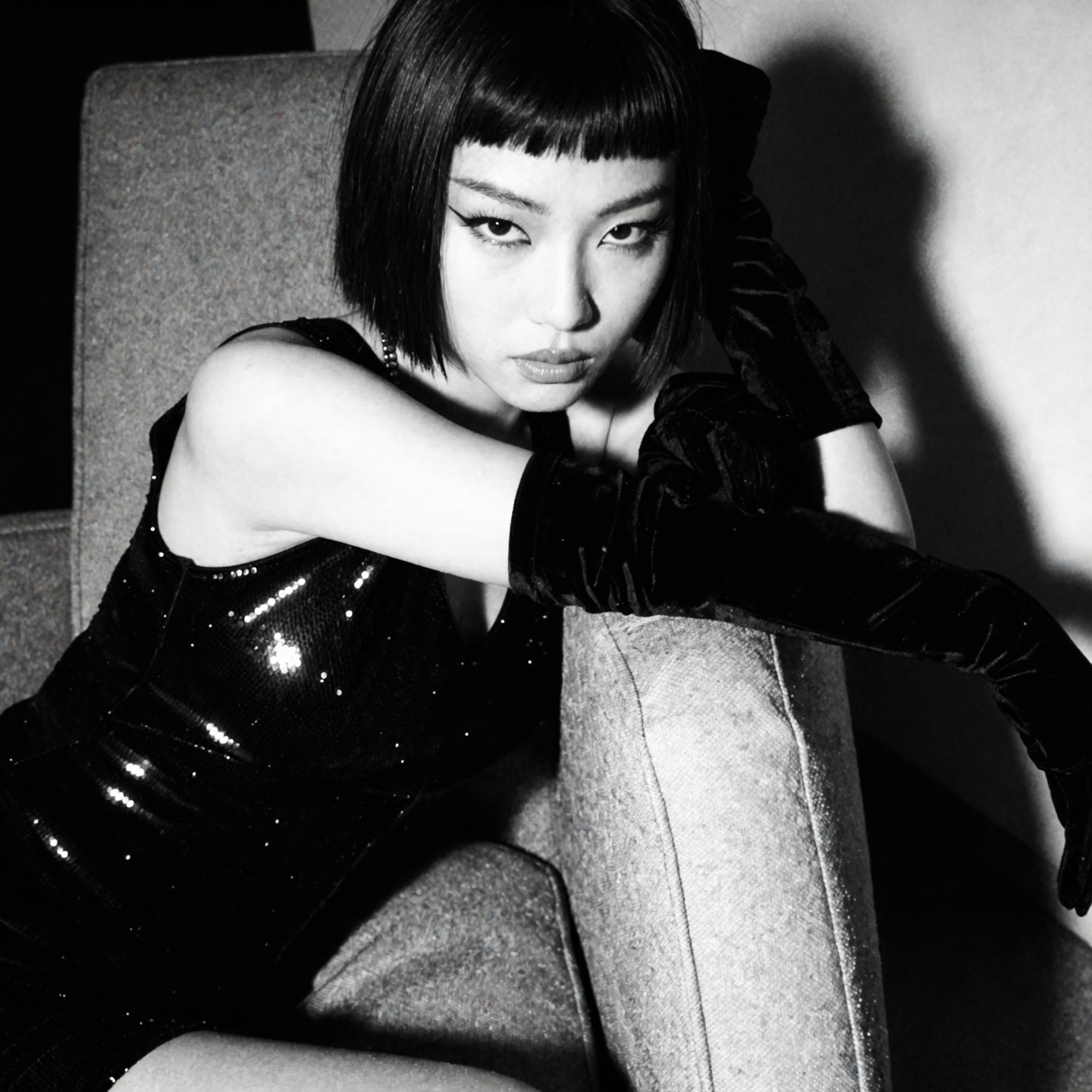 Black-and-white photograph of a young Asian woman with a short,  dark bob and sharp micro-bangs,  her head resting on her...