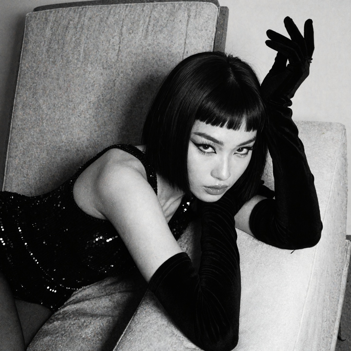 photograph of a young Asian woman with a short,  dark bob and sharp micro-bangs,  her head resting on her folded arms agai...