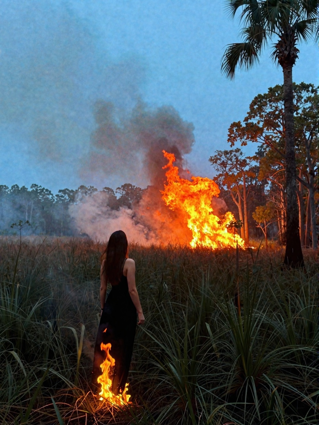 windy night time,  1Woman black long dress with the end on fire,  in swamp that blazing with an inferno on Tensor.Art