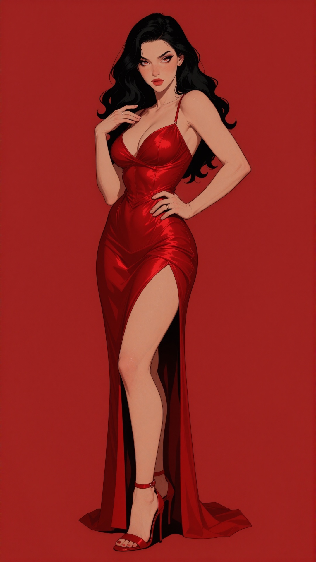 The image features a woman wearing a shiny red dress with a deep neckline and high slits. The person has long,  wavy black...