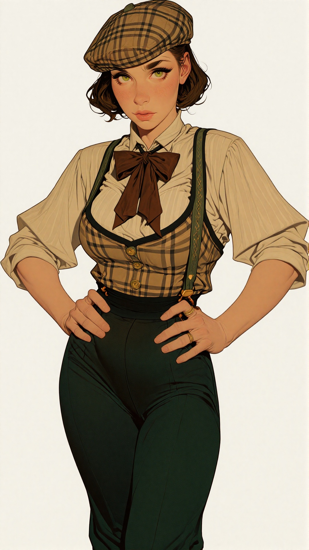 Illusfact4 art style: A portrait of a confident attractive pinup woman dressed in vintage-inspired attire â she wears a...