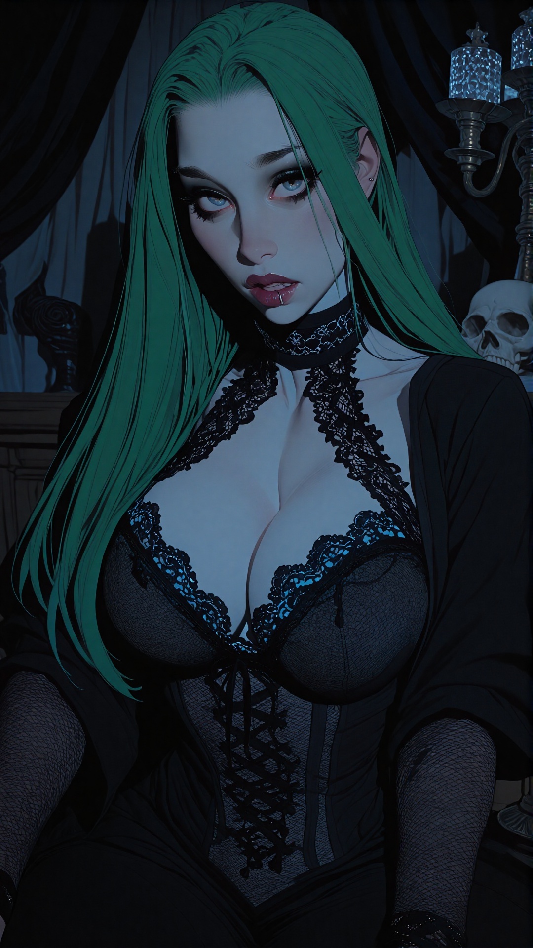 A close-up portrait of a young woman with vivid emerald green hair styled in long,  straight locks that fall like a dark w...