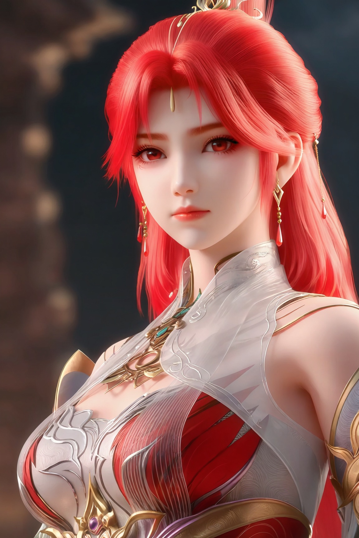 Yun-er,1girl, solo, long hair, looking at viewer, hair ornament, red eyes, dress, jewelry, closed mouth, upper body, red hair