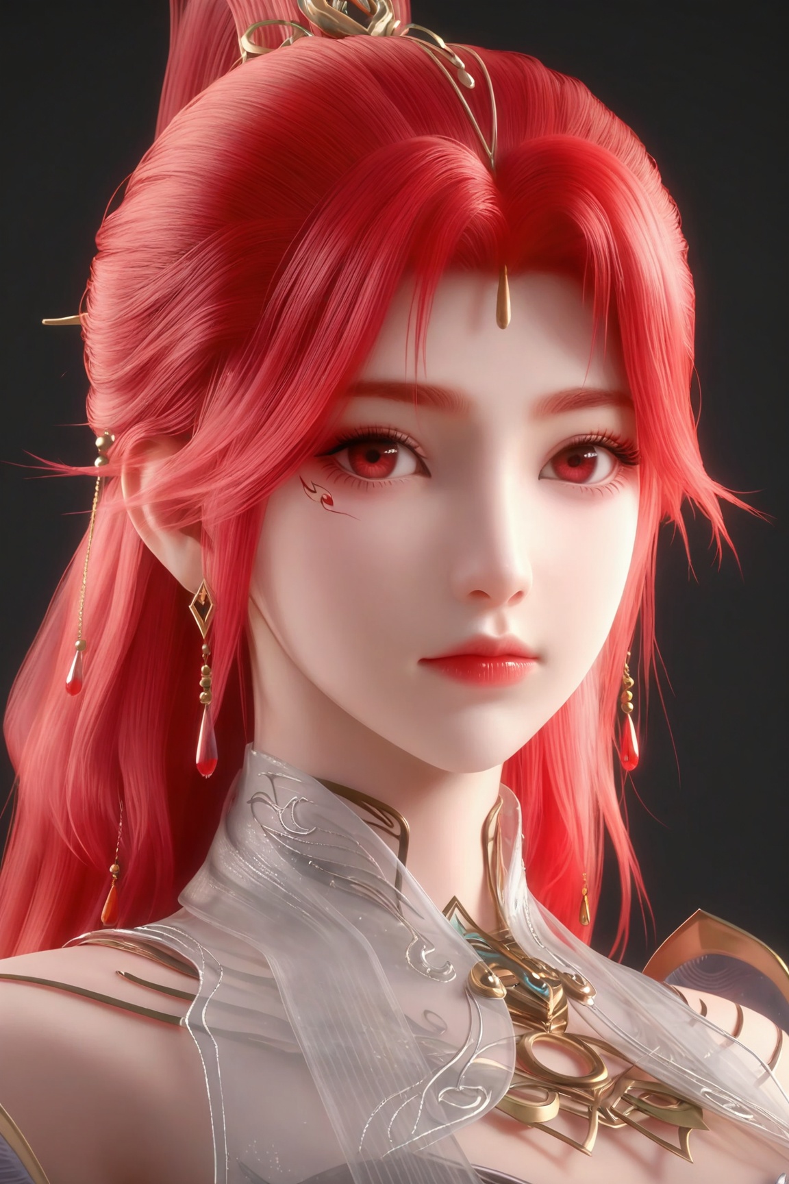 Yun-er,1girl, solo, long hair, looking at viewer, hair ornament, red eyes, dress, jewelry, closed mouth, upper body, red hair,portrait,