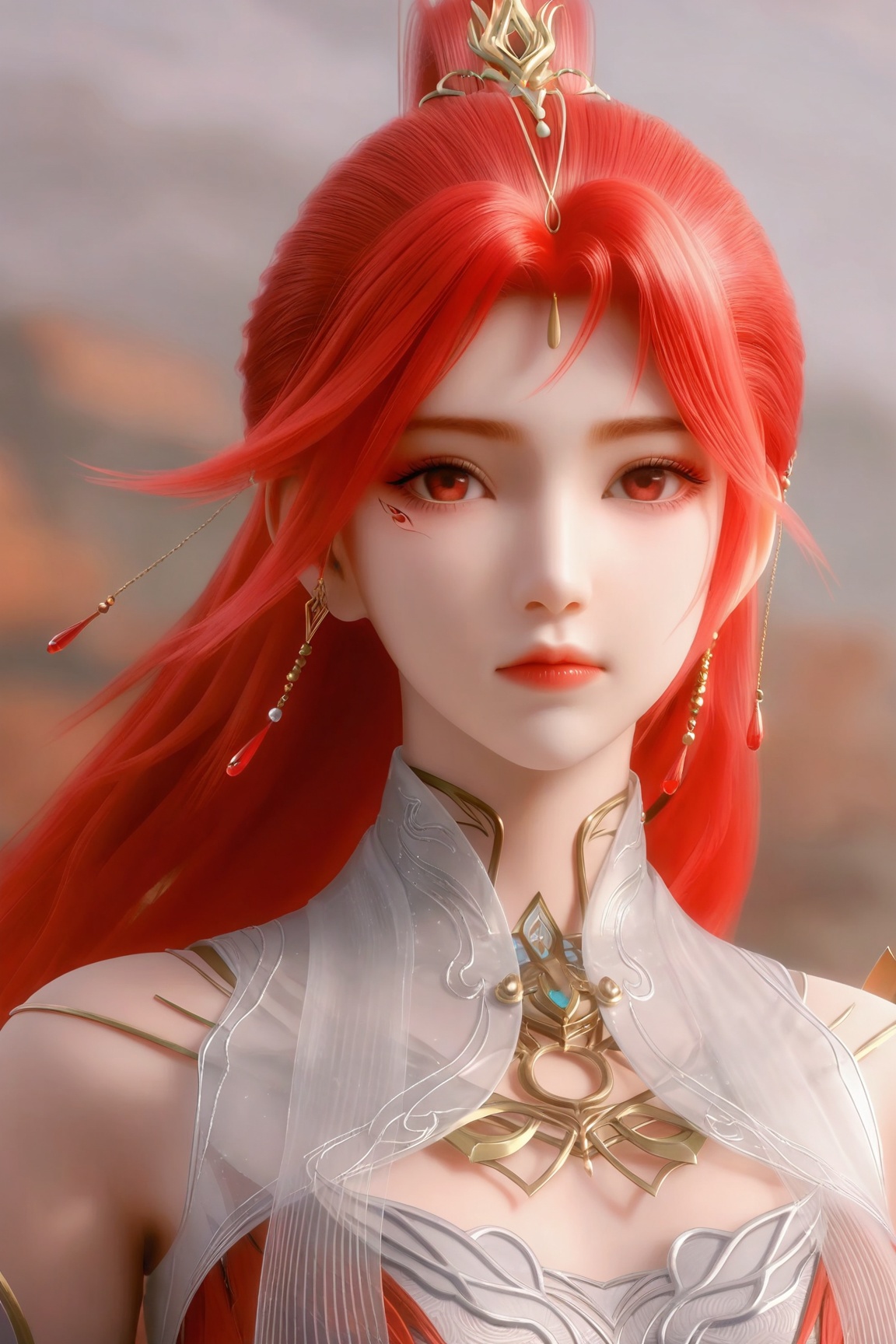 Yun-er,1girl, solo, long hair, looking at viewer, hair ornament, red eyes, dress, jewelry, closed mouth, upper body, red hair,The wind blows through her bangs,
