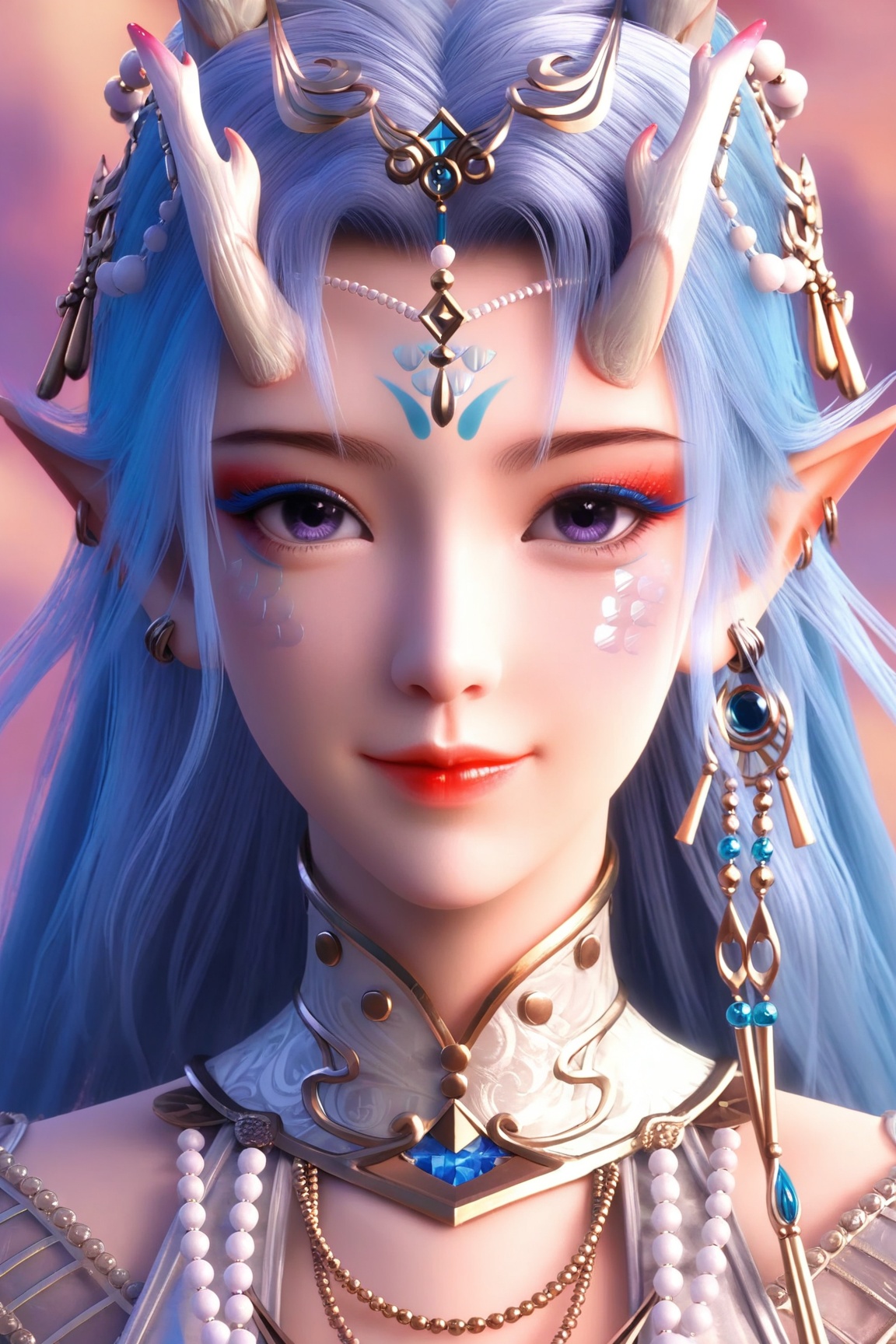 Feng nian-yun,1girl, solo, long hair, looking at viewer, smile, hair ornament, jewelry, closed mouth, earrings, horns, lips, makeup, facial mark, portrait, forehead mark, forehead jewel,
ultra - realistic 3D render, glossy detailed skin, sharp focus, vibrant colors,Semi Realistic-style,