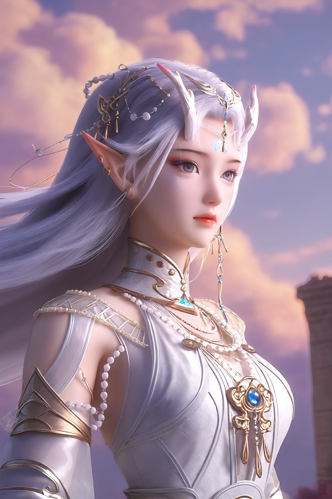 Feng nian-yun,1girl, solo, long hair, hair ornament, dress, jewelry, closed mouth, upper body, white hair, earrings, sky, pointy ears, cloud, white dress, grey eyes, floating hair, elf, gem, pillar, column,pink skin,
ultra - realistic 3D render, glossy detailed skin, sharp focus, vibrant colors,Semi Realistic-style,