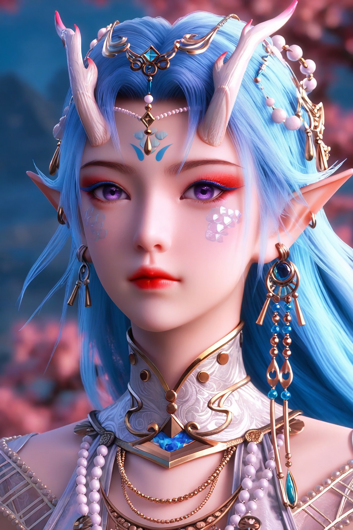 Feng nian-yun,1girl, solo, long hair, looking at viewer, jewelry, closed mouth, blue hair, purple eyes, earrings, horns, pointy ears, necklace, lips, makeup, facial mark, gem, portrait, beads, red lips,
ultra - realistic 3D render, glossy detailed skin, sharp focus, vibrant colors,Semi Realistic-style,