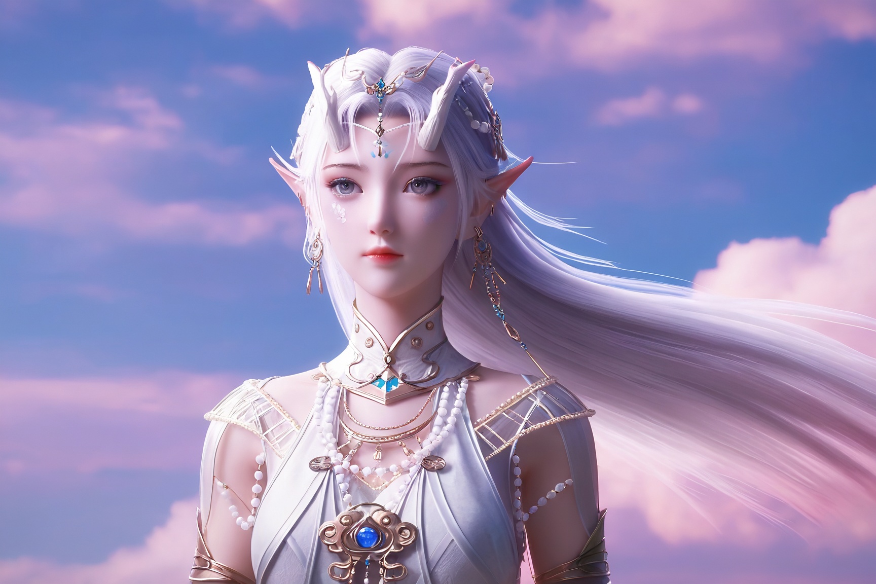 Feng nian-yun,1girl, solo, long hair, hair ornament, dress, jewelry, closed mouth, upper body, white hair, earrings, sky, pointy ears, cloud, white dress, grey eyes, floating hair, elf, gem, pillar, column,pink skin,
ultra - realistic 3D render, glossy detailed skin, sharp focus, vibrant colors,Semi Realistic-style,