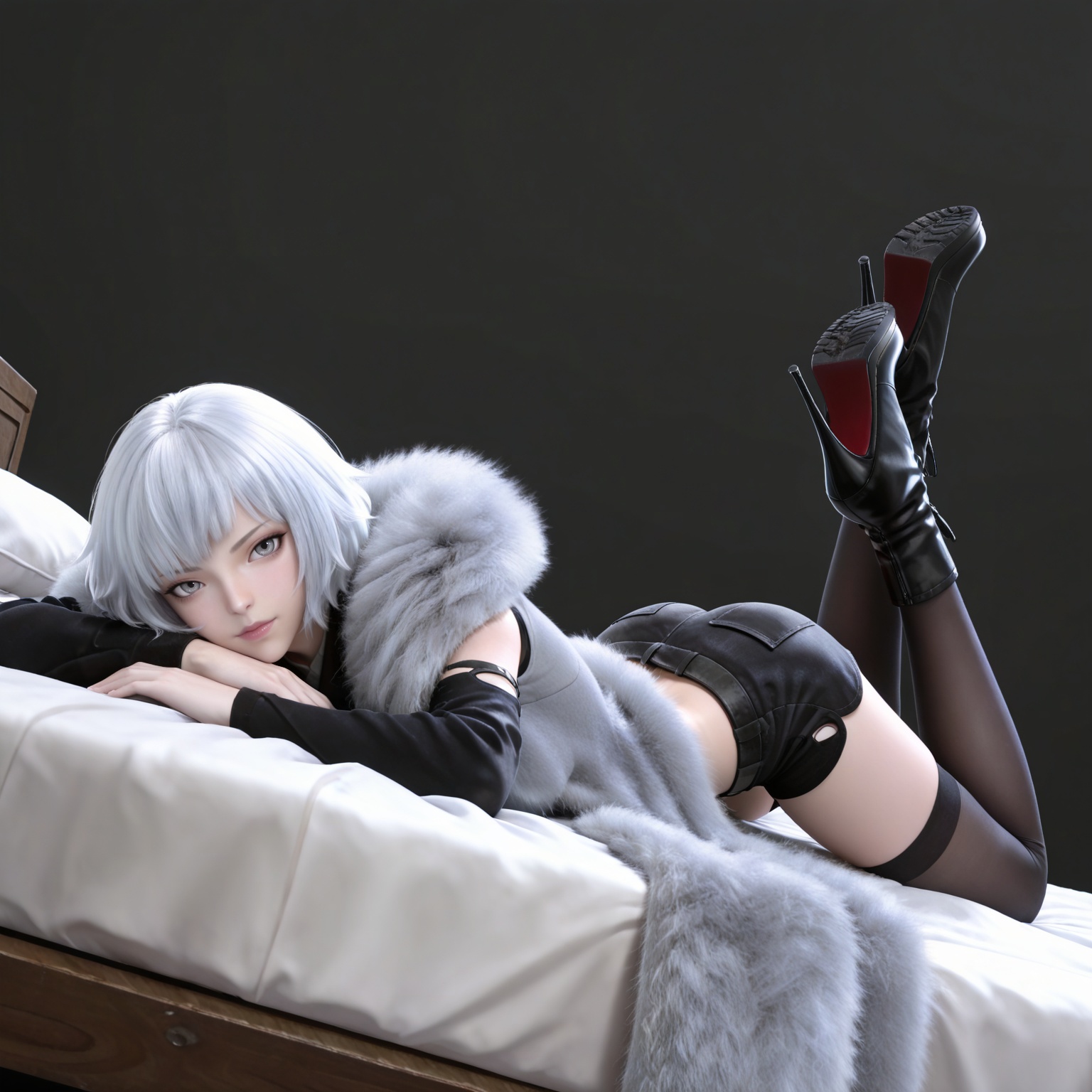 masterpiece,high quality,tall,game cg,highres,(white_skin:0.6),(shiny_skin:0.6),(realistic:1.1),looking_at_viewer,lvjing,black_background,simple background,,
white hair, short hair, grey eyes, fur coat, shirt, detached_sleeves, black shorts, black_thighhighs, high_heel_boots,
full body,legs,long legs,hand on hip,bed,dynamic_angle,dutch angle,on_stomach,feet up,bed,


