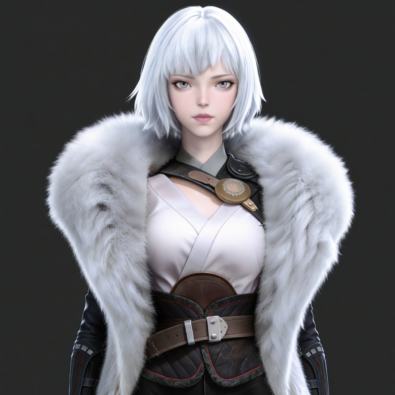 masterpiece,high quality,tall,game cg,highres,(white_skin:0.6),(shiny_skin:0.6),(realistic:1.1),looking_at_viewer,lvjing,black_background,simple background,,
white hair, short hair, grey eyes, fur coat, shirt, detached_sleeves, black shorts, 
upper body,

