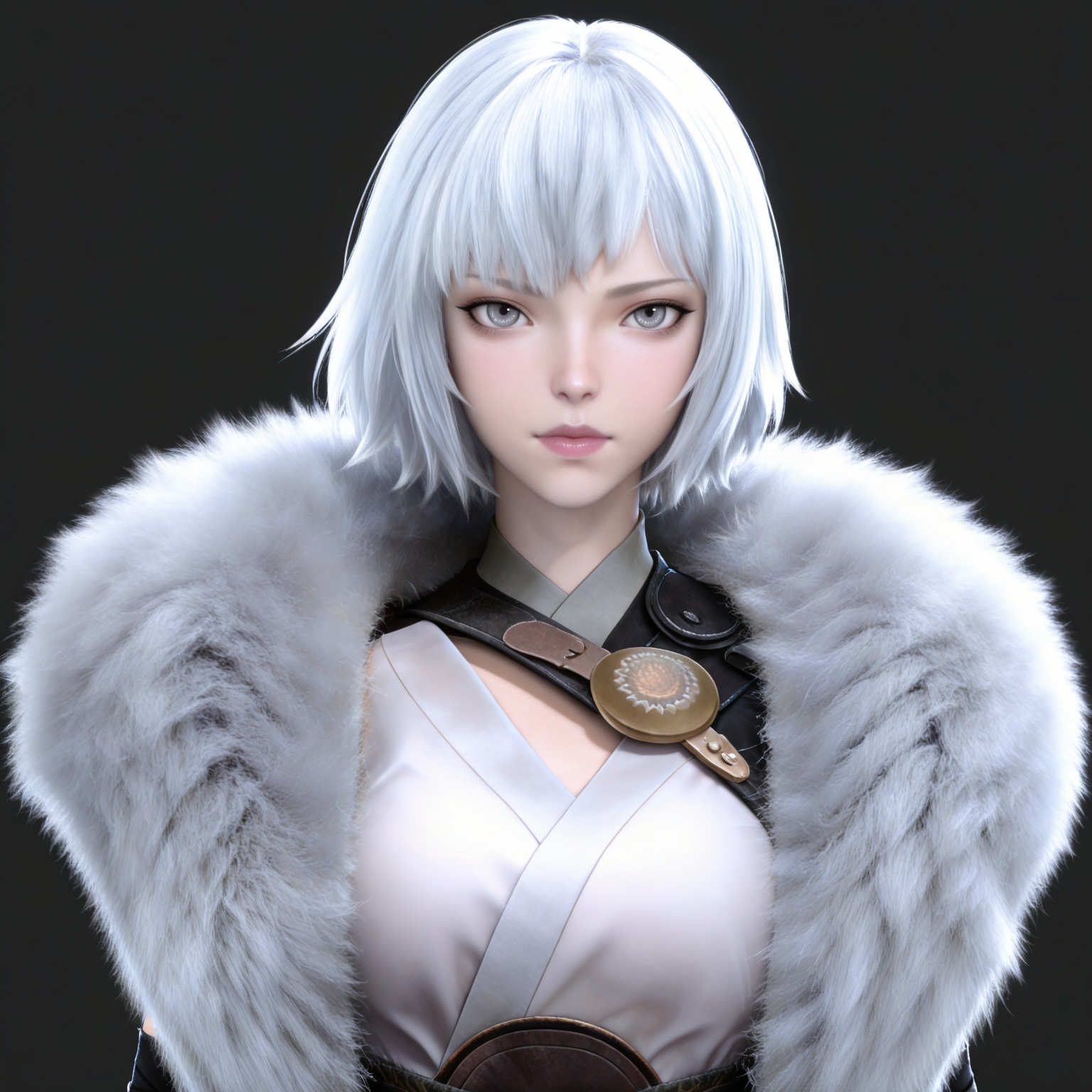 masterpiece,high quality,tall,game cg,highres,(white_skin:0.6),(shiny_skin:0.6),(realistic:1.1),looking_at_viewer,lvjing,black_background,simple background,,
white hair, short hair, grey eyes, fur coat, shirt, detached_sleeves, black shorts, 
upper body,

