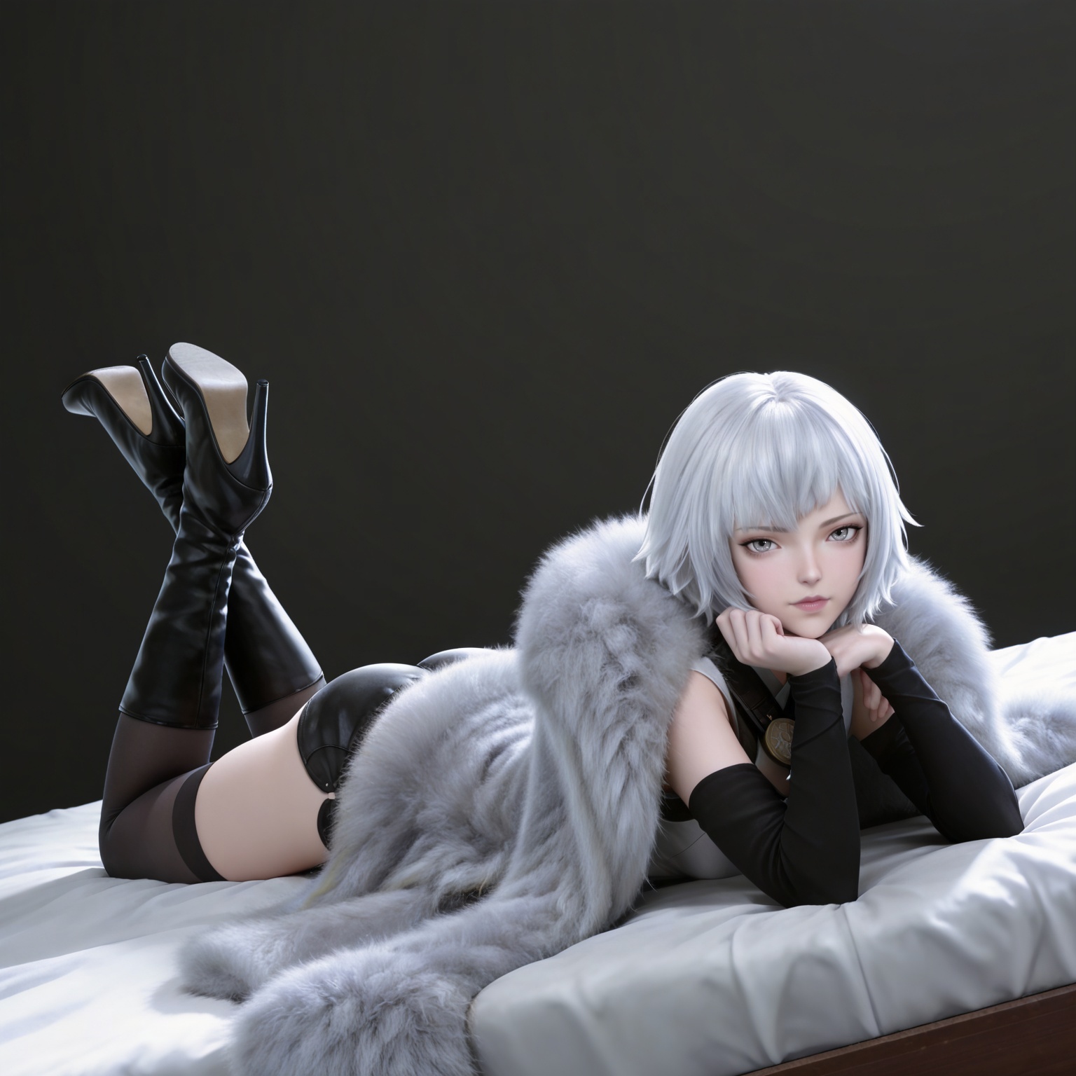 masterpiece,high quality,tall,game cg,highres,(white_skin:0.6),(shiny_skin:0.6),(realistic:1.1),looking_at_viewer,lvjing,black_background,simple background,,
white hair, short hair, grey eyes, fur coat, shirt, detached_sleeves, black shorts, black_thighhighs, high_heel_boots,
full body,legs,long legs,hand on hip,bed,dynamic_angle,dutch angle,on_stomach,feet up,bed,


