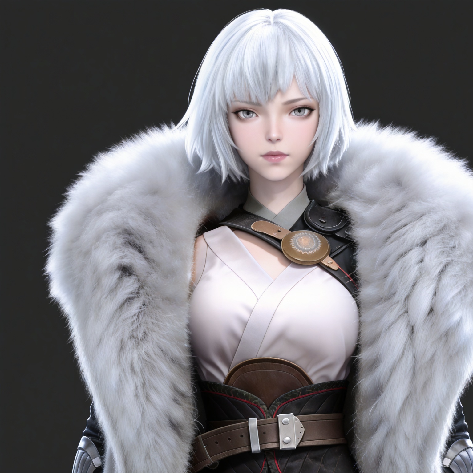masterpiece,high quality,tall,game cg,highres,(white_skin:0.6),(shiny_skin:0.6),(realistic:1.1),looking_at_viewer,lvjing,black_background,simple background,,
white hair, short hair, grey eyes, fur coat, shirt, detached_sleeves, black shorts, 
upper body,

