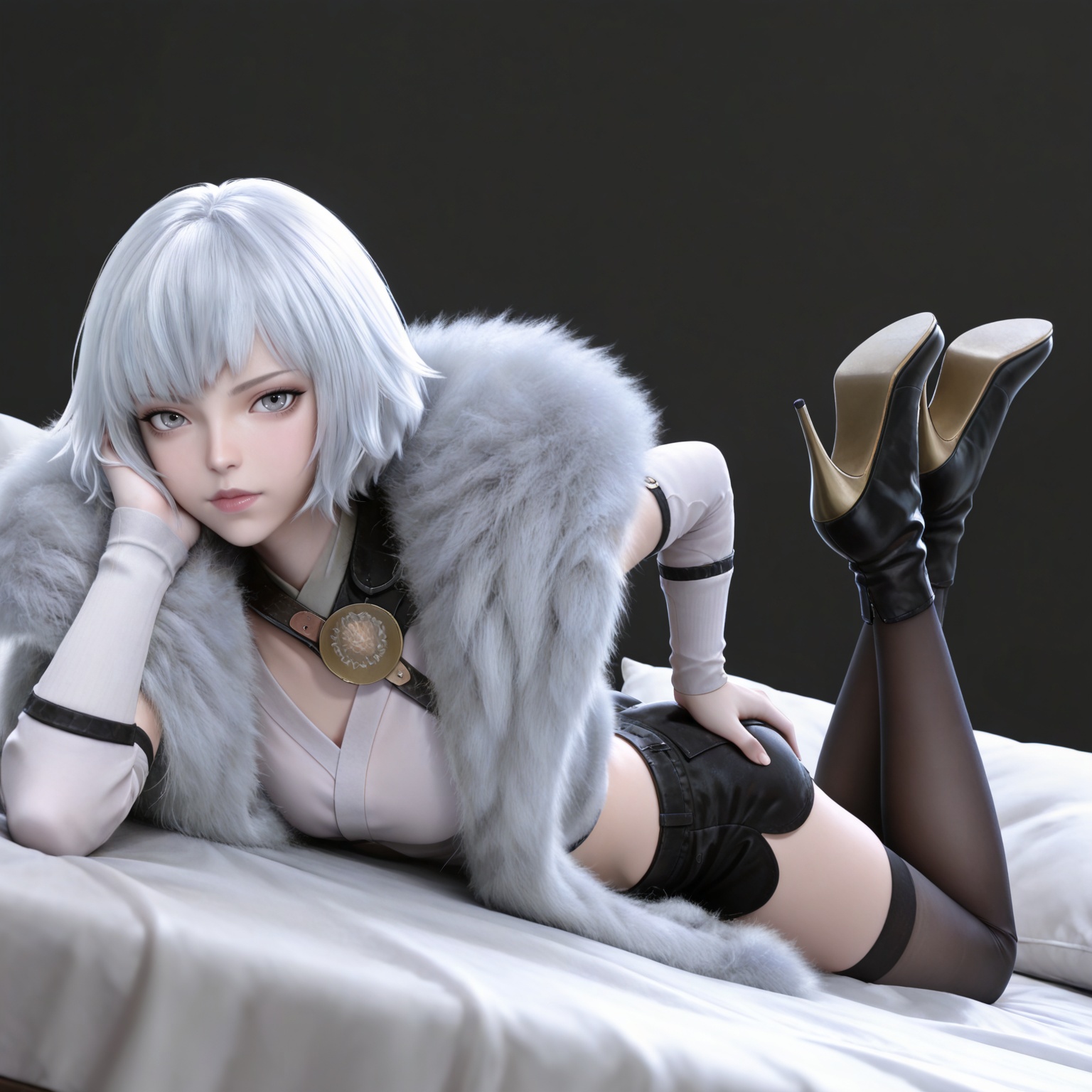 masterpiece,high quality,tall,game cg,highres,(white_skin:0.6),(shiny_skin:0.6),(realistic:1.1),looking_at_viewer,lvjing,black_background,simple background,,
white hair, short hair, grey eyes, fur coat, shirt, detached_sleeves, black shorts, black_thighhighs, high_heel_boots,
full body,legs,long legs,hand on hip,bed,dynamic_angle,dutch angle,on_stomach,feet up,bed,


