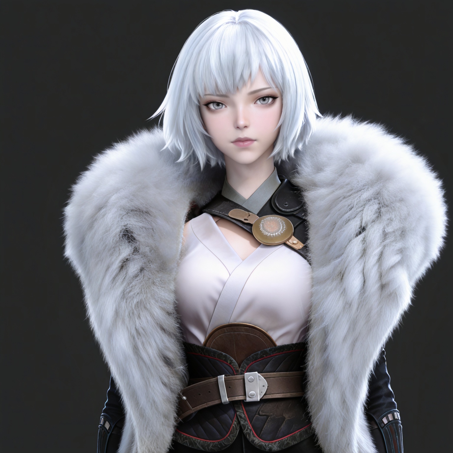 masterpiece,high quality,tall,game cg,highres,(white_skin:0.6),(shiny_skin:0.6),(realistic:1.1),looking_at_viewer,lvjing,black_background,simple background,,
white hair, short hair, grey eyes, fur coat, shirt, detached_sleeves, black shorts, 
upper body,

