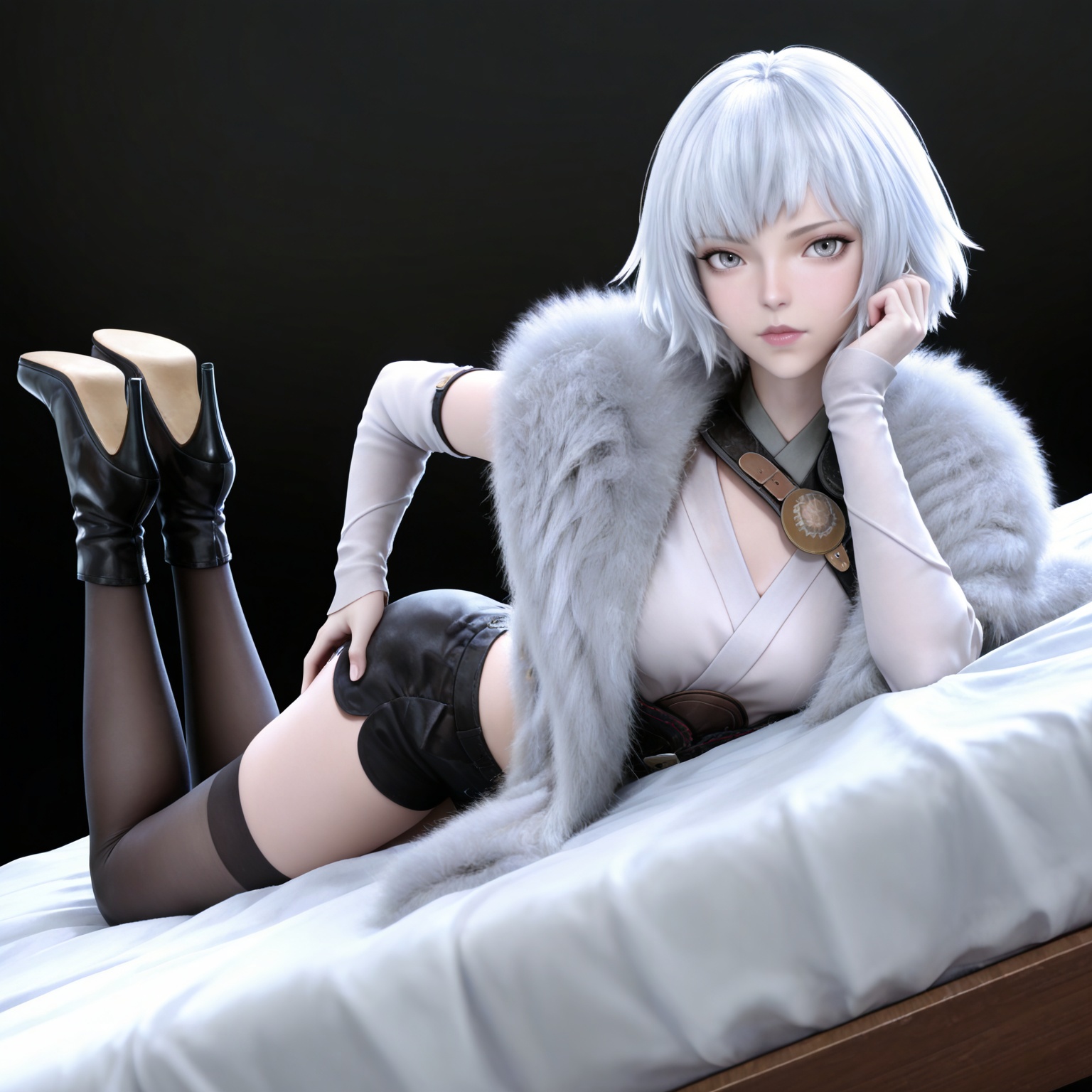 masterpiece,high quality,tall,game cg,highres,(white_skin:0.6),(shiny_skin:0.6),(realistic:1.1),looking_at_viewer,lvjing,black_background,simple background,,
white hair, short hair, grey eyes, fur coat, shirt, detached_sleeves, black shorts, black_thighhighs, high_heel_boots,
full body,legs,long legs,hand on hip,bed,dynamic_angle,dutch angle,on_stomach,feet up,bed,



