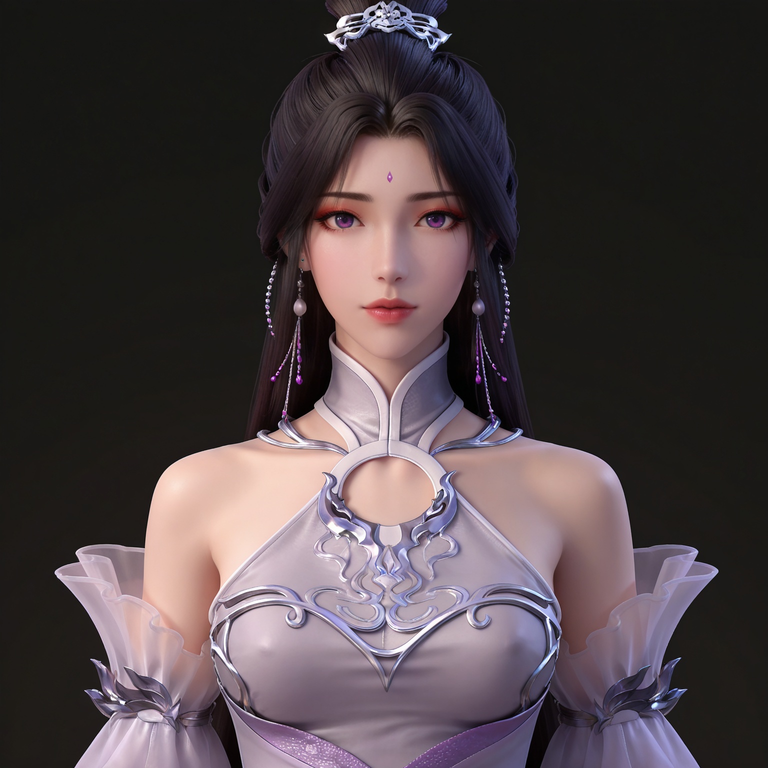 masterpiece,high quality,tall,game cg,highres,(white_skin:0.6),(shiny_skin:0.6),(realistic:1.1),looking_at_viewer,lvjing,black_background,simple background,,
black hair, long hair, purple eyes, single hair bun, earrings, hair_ornament, forehead mark, yuechan white dress, bare shoulders, detached_sleeves, 
upper body,
