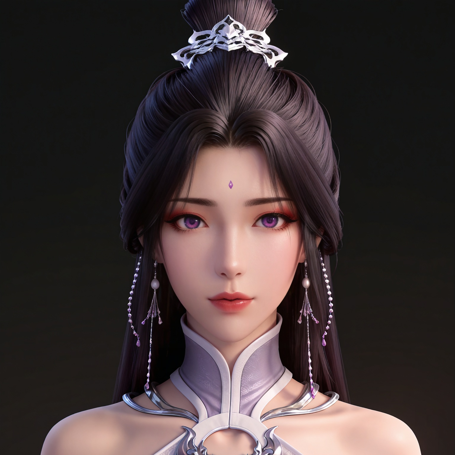 masterpiece,high quality,tall,game cg,highres,(white_skin:0.6),(shiny_skin:0.6),(realistic:1.1),looking_at_viewer,lvjing,black_background,simple background,,
black hair, long hair, purple eyes, single hair bun, earrings, hair_ornament, forehead mark, yuechan white dress, bare shoulders, detached_sleeves, 
upper body,
