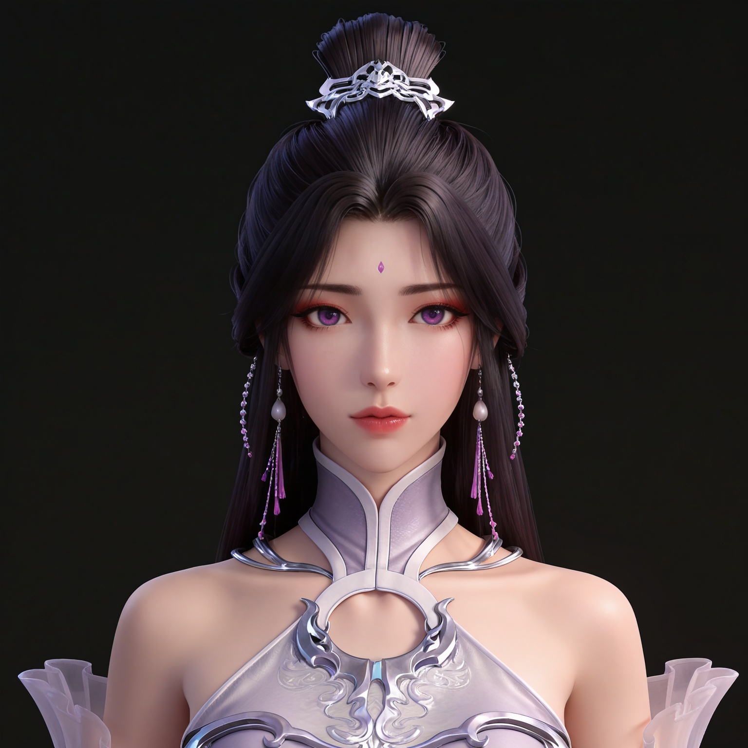 masterpiece,high quality,tall,game cg,highres,(white_skin:0.6),(shiny_skin:0.6),(realistic:1.1),looking_at_viewer,lvjing,black_background,simple background,,
black hair, long hair, purple eyes, single hair bun, earrings, hair_ornament, forehead mark, yuechan white dress, bare shoulders, detached_sleeves, 
upper body,
