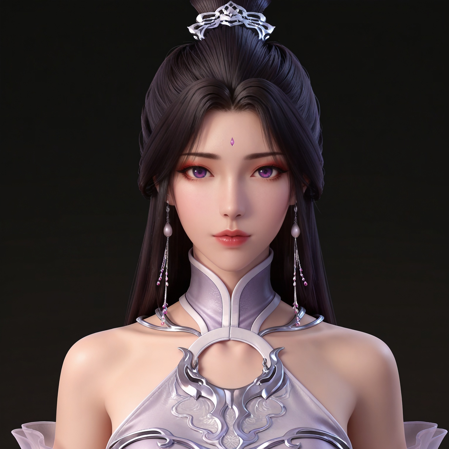 masterpiece,high quality,tall,game cg,highres,(white_skin:0.6),(shiny_skin:0.6),(realistic:1.1),looking_at_viewer,lvjing,black_background,simple background,,
black hair, long hair, purple eyes, single hair bun, earrings, hair_ornament, forehead mark, yuechan white dress, bare shoulders, detached_sleeves, 
upper body,
