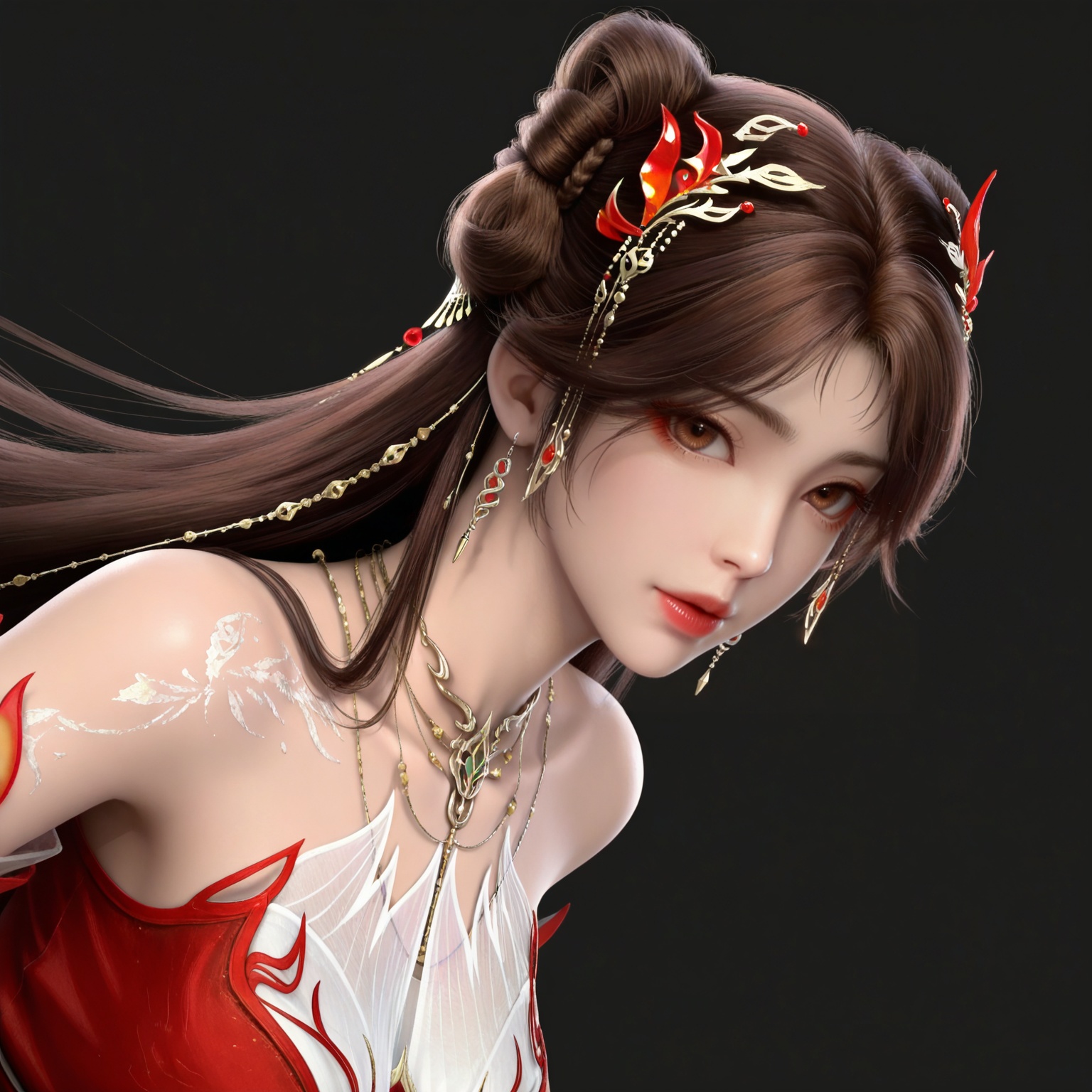 masterpiece,high quality,tall,game cg,highres,(white_skin:0.6),(shiny_skin:0.6),(realistic:1.1),looking_at_viewer,lvjing,black_background,simple background,,
brown hair,long hair,brown eyes,double bun,huolinger red dress,detached_sleeves,hair_ornament,earrings,bare shoulders,necklace,
upper body,