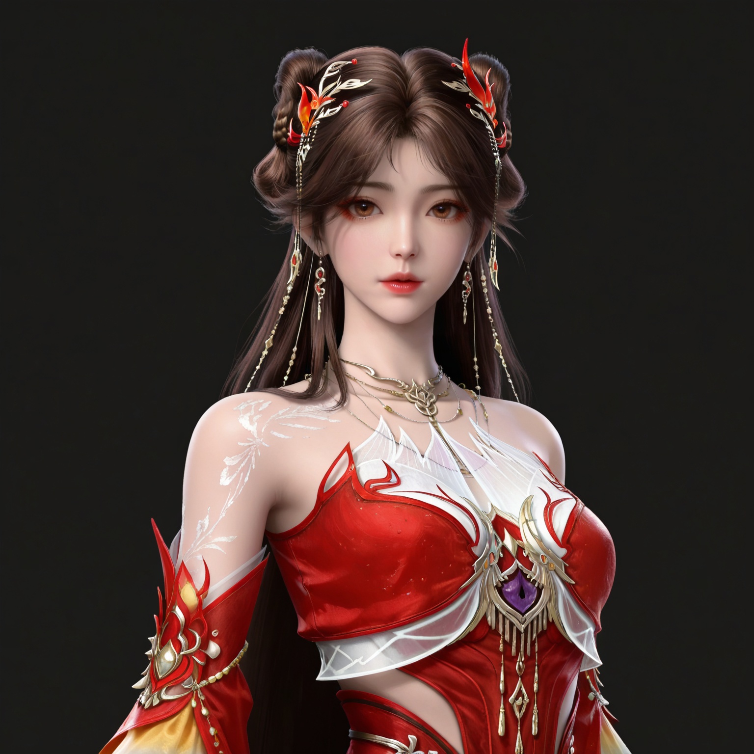 masterpiece,high quality,tall,game cg,highres,(white_skin:0.6),(shiny_skin:0.6),(realistic:1.1),looking_at_viewer,lvjing,black_background,simple background,,
brown hair,long hair,brown eyes,double bun,huolinger red dress,detached_sleeves,hair_ornament,earrings,bare shoulders,necklace,
upper body,